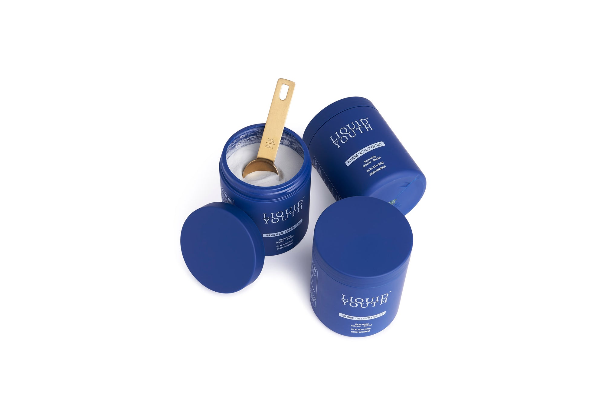 3 tubs of Liquid Youth Collagen Peptide Powder. One open with a gold measuring spoon.